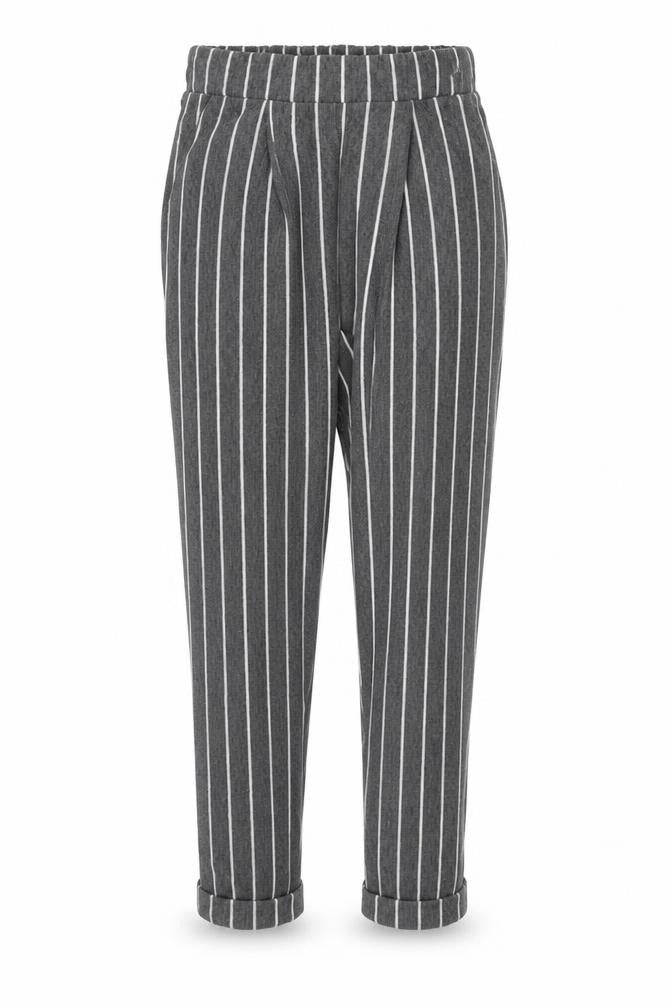 Front view of Miss Selfridge women’s grey striped jogger trousers, size UK 6, 25-inch leg