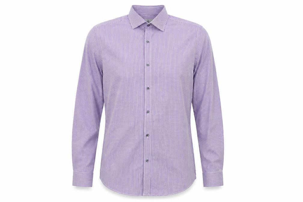 Front view of Taylor & Wright men’s purple check dress shirt, size 14