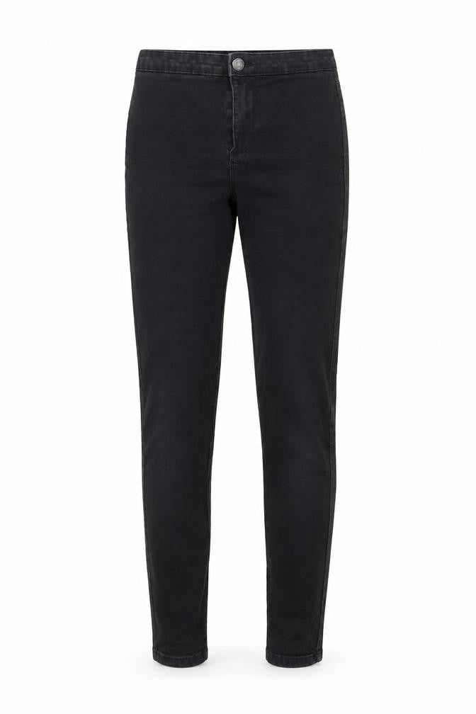 Front view of Denim & Co. women’s black denim skinny jeans, size UK 12, 30-inch leg