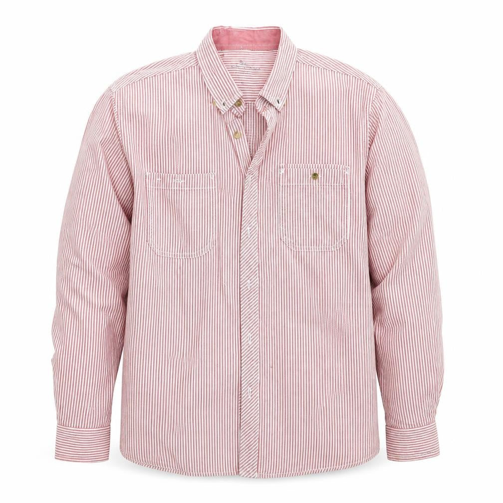 Front view of Easy men’s red striped button-up, size M
