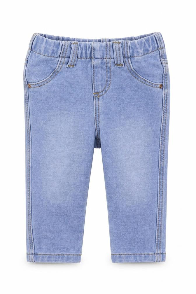 Front view of Denim & Co. girls’ blue denim capri jeans, size 6-9, months