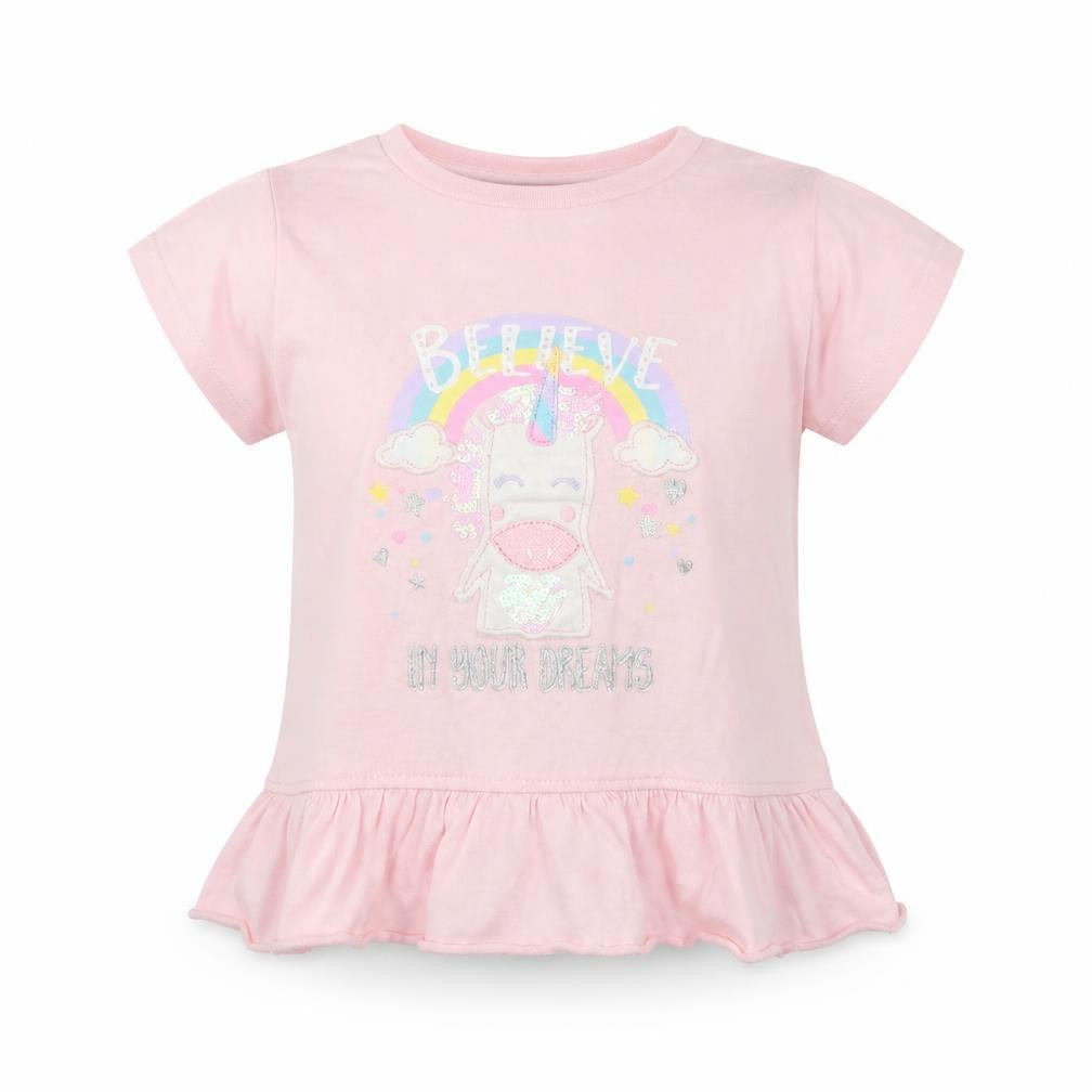 Front view of BELIVE girls’ pink animal print basic t-shirt, size 3-4, years