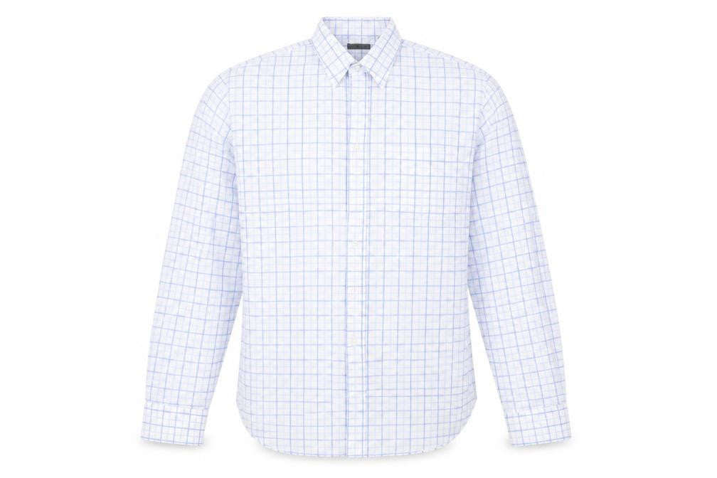 Front view of Linea men’s blue check button-up, size 16