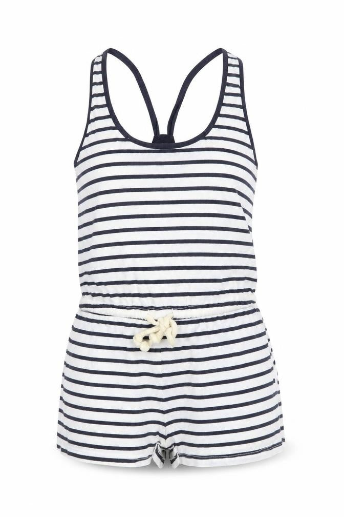 Front view of internationale women’s white striped playsuit one-piece, size UK 8
