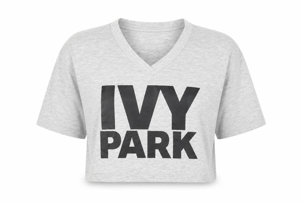 Front view of IVY PARK women’s grey cropped t-shirt, size S