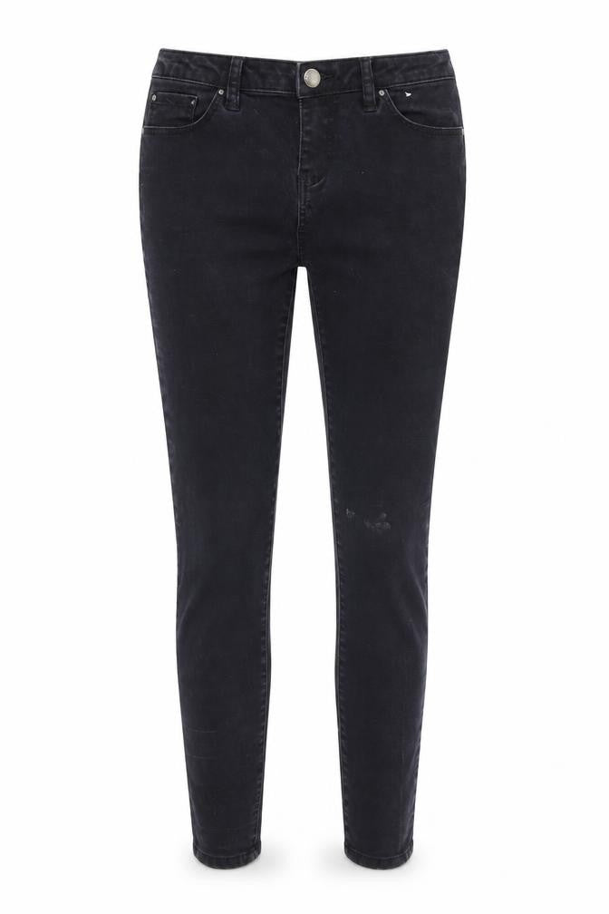 Front view of Denim & Co. women’s black denim skinny jeans, size UK 10, 26-inch leg