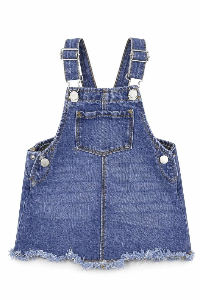 Front view of Primark girls’ blue denim pinafore/dungaree dress, size 6-9, months