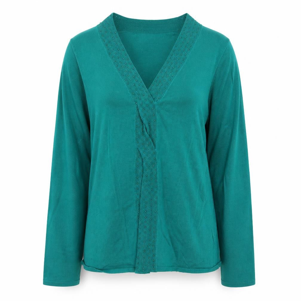 Front view of Per Una women’s green jumper, size UK 10
