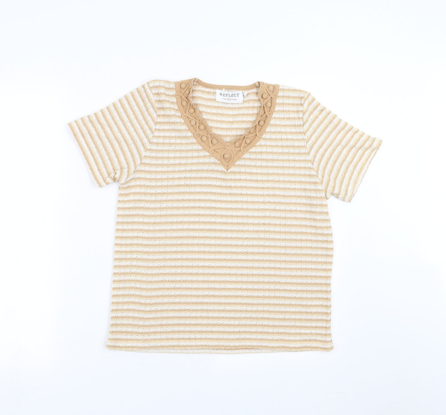 Reflect Collection Womens Beige Striped  Basic T-Shirt Size S