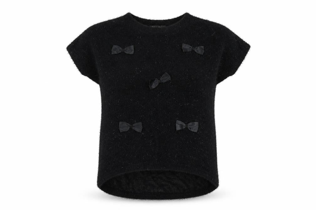 Front view of MODO women’s black jumper, size UK 10, - bow detail