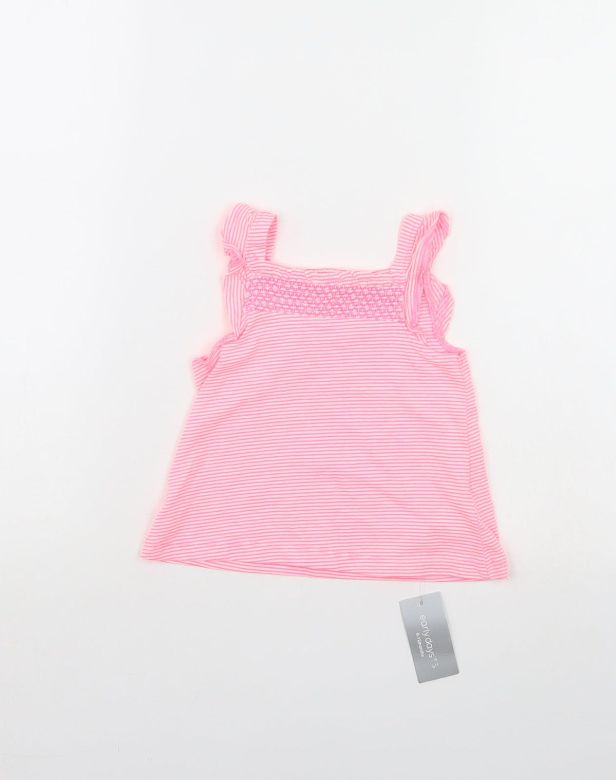 Additional front view of Early Days boys’ pink striped a-line, size 0-3, months