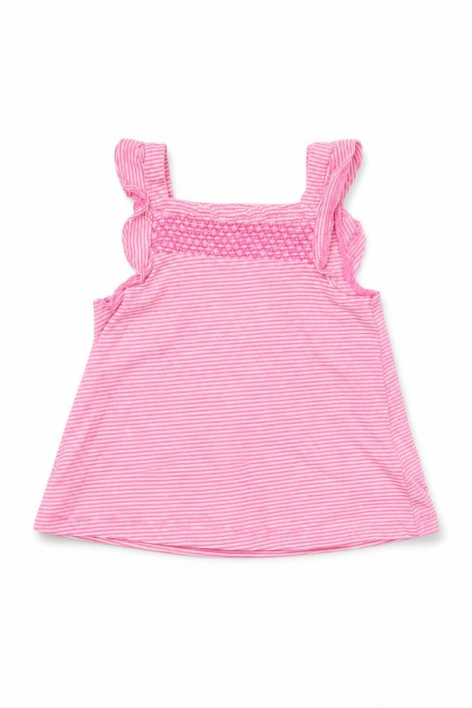 Front view of Early Days boys’ pink striped a-line, size 0-3, months