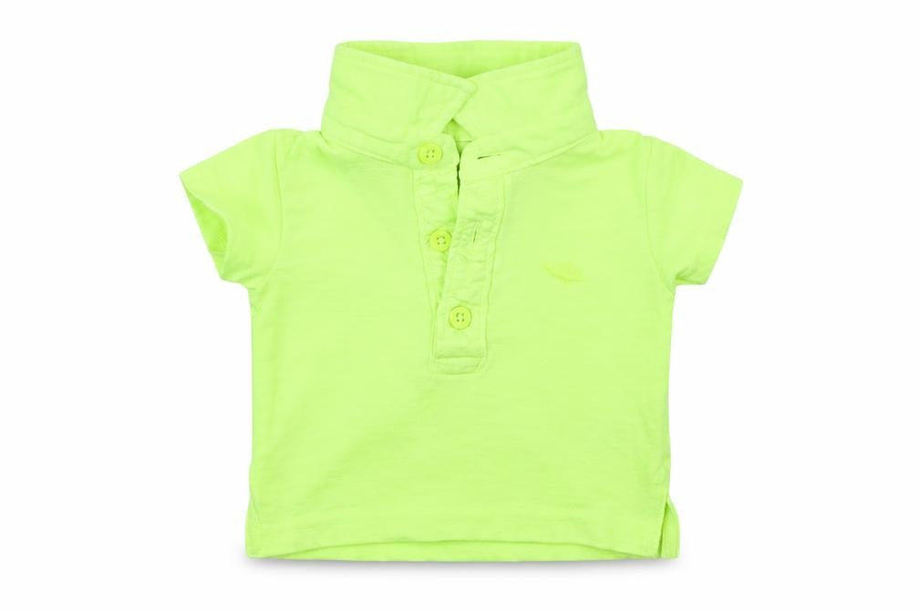 Front view of Mini Rebel boys’ green basic polo, size 0-3, months