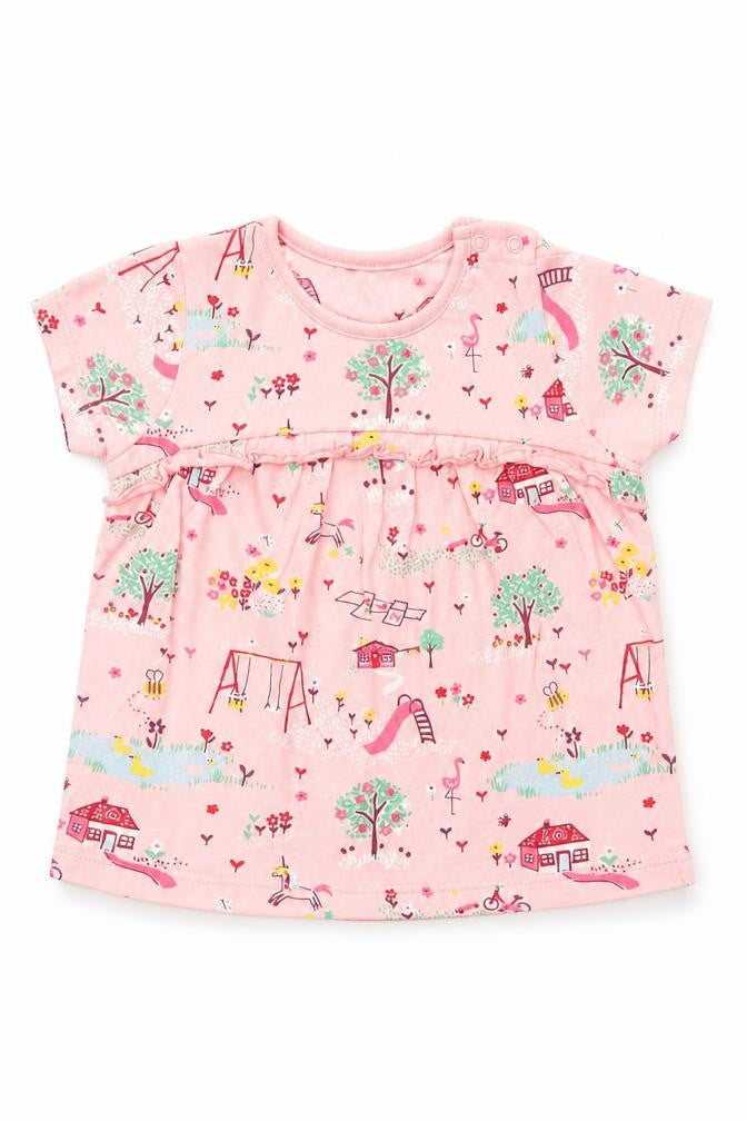 Front view of Nutmeg girls’ pink t-shirt dress, size 9-12, months