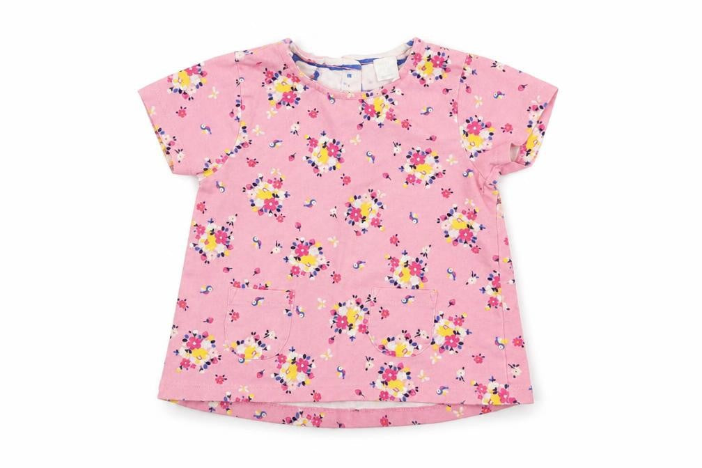 Front view of Mini Club girls’ pink floral pinafore/dungaree dress, size 9-12, months