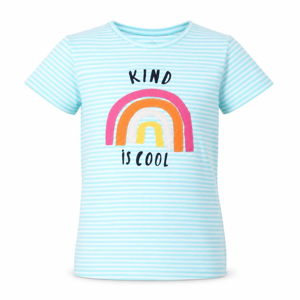 Front view of Preworn girls’ blue striped rayon basic t-shirt, size S, - rainbow