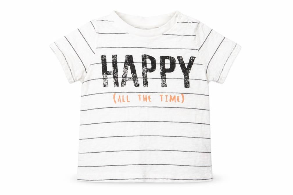Front view of F&F Baby White Striped Basic T-Shirt, size 9-12, Months - happy