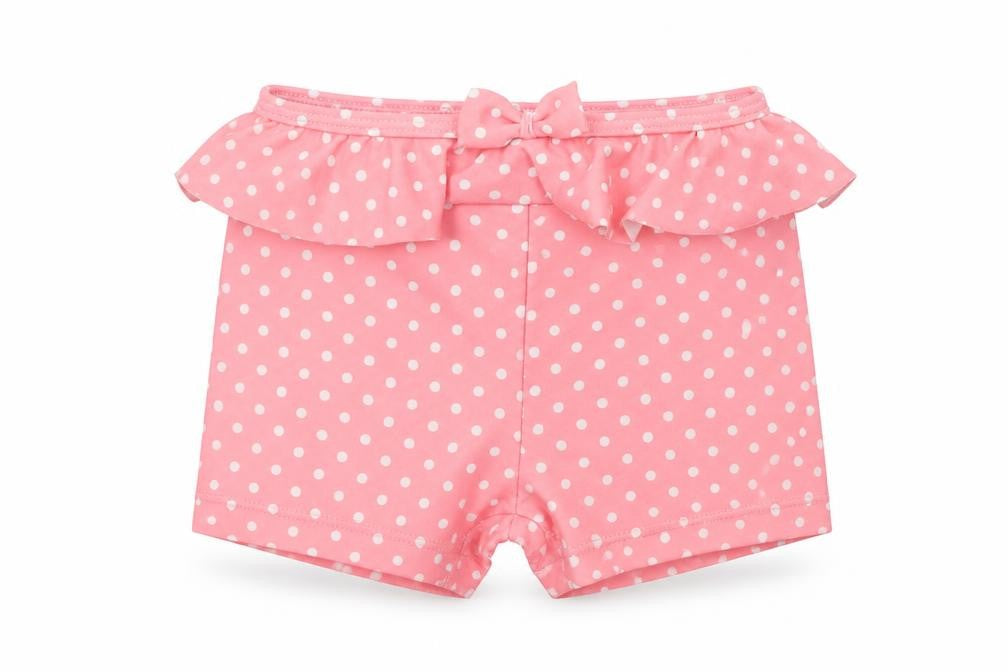Front view of Mothercare girls’ pink polka dot pyjama pants, size 9-12, months - night shorts
