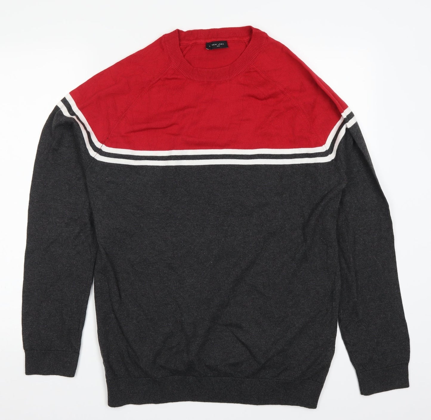 New Look Mens Red Striped Knit Pullover Jumper Size L  - Grey