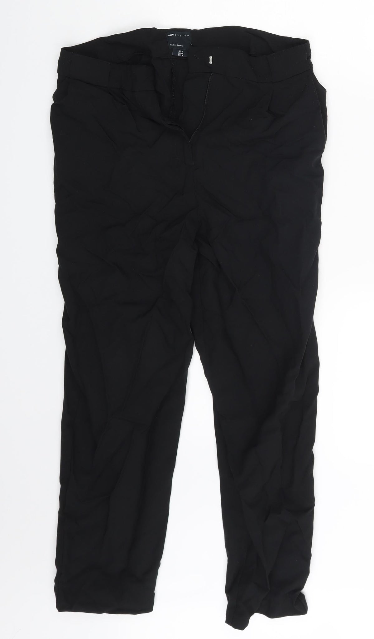 Additional front view of ASOS women’s black trousers, size UK 10, 24-inch leg