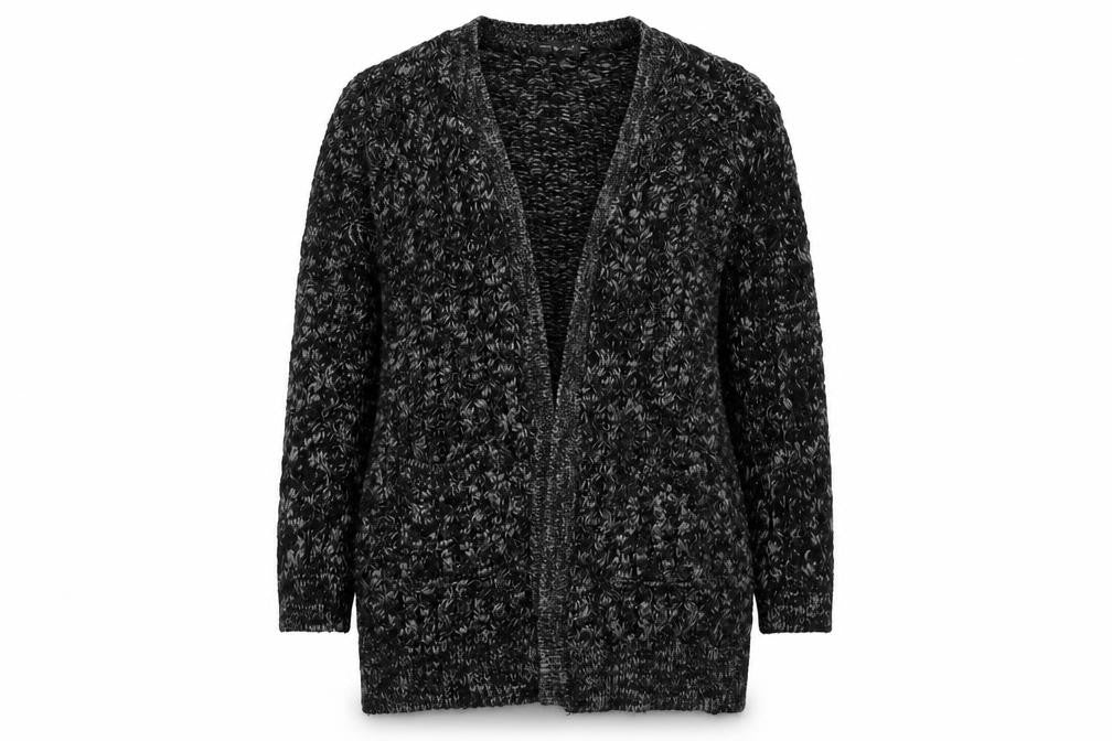 Front view of Pura Moda women’s black knit cardigan jumper, size M