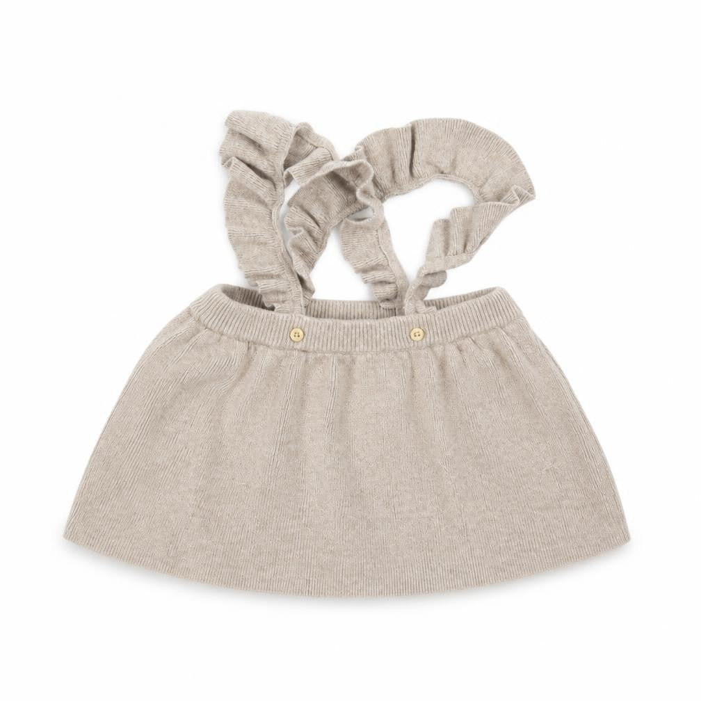Front view of H&M girls’ beige knit a-line skirt, size 3-6, months - with braces