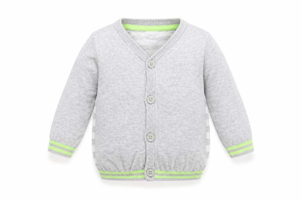 Front view of Blue Zoo Baby Grey Striped Cardigan Jumper, size 3-6, Months