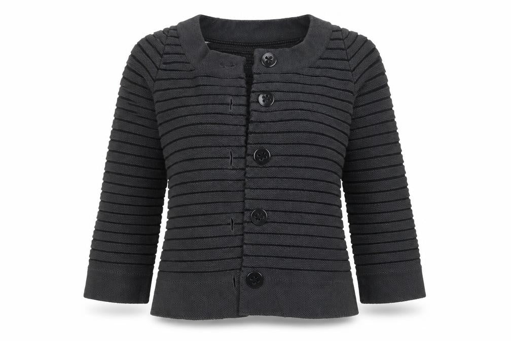 Front view of Vacknox women’s black striped cardigan jumper, size S