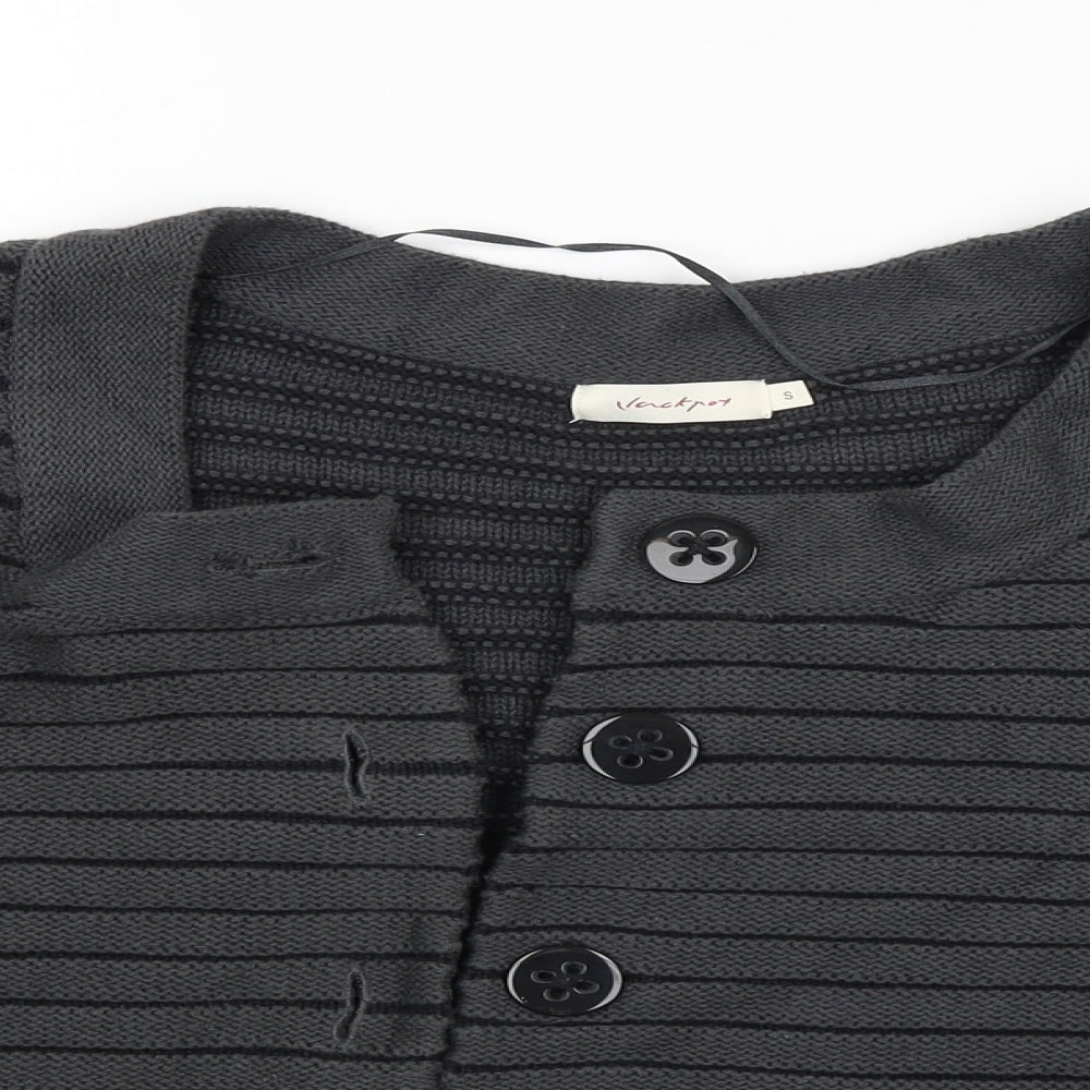 Close-up detail of Vacknox women’s black striped cardigan jumper, size S