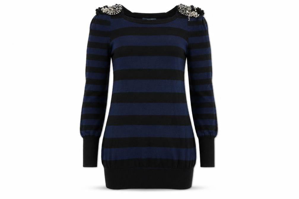 Front view of E-vie women’s blue striped jumper, size UK 10