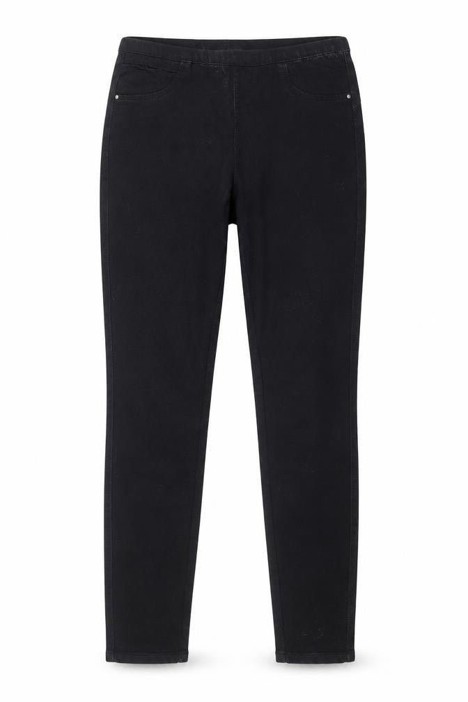 Front view of Denim & Co. women’s black denim skinny jeans, size UK 8, 28-inch leg