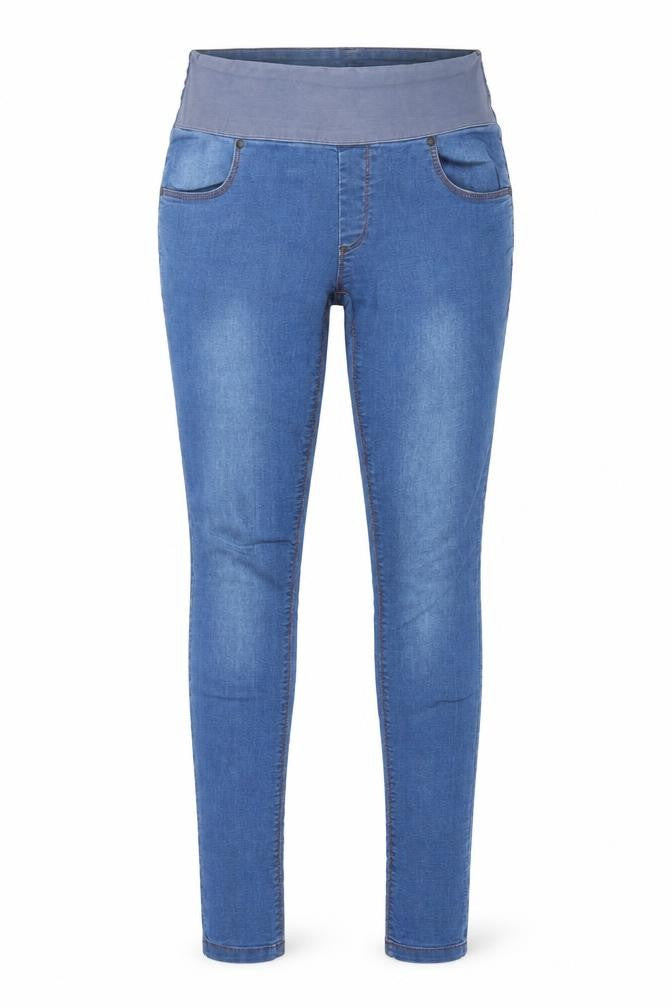 Front view of Evie women’s blue denim jegging jeans, size UK 8, 28-inch leg