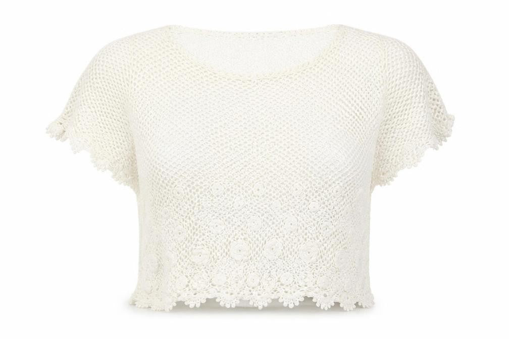 Preworn Womens White Floral Lace Cropped T-Shirt Size M