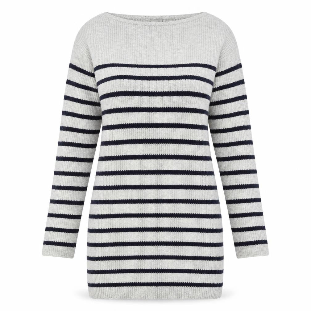 Front view of ASOS women’s grey striped jumper, size UK 6