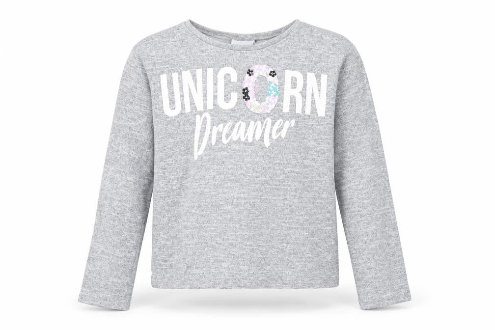 Front view of I Love girls’ wear girls grey jumper, size 11, years - unicorn