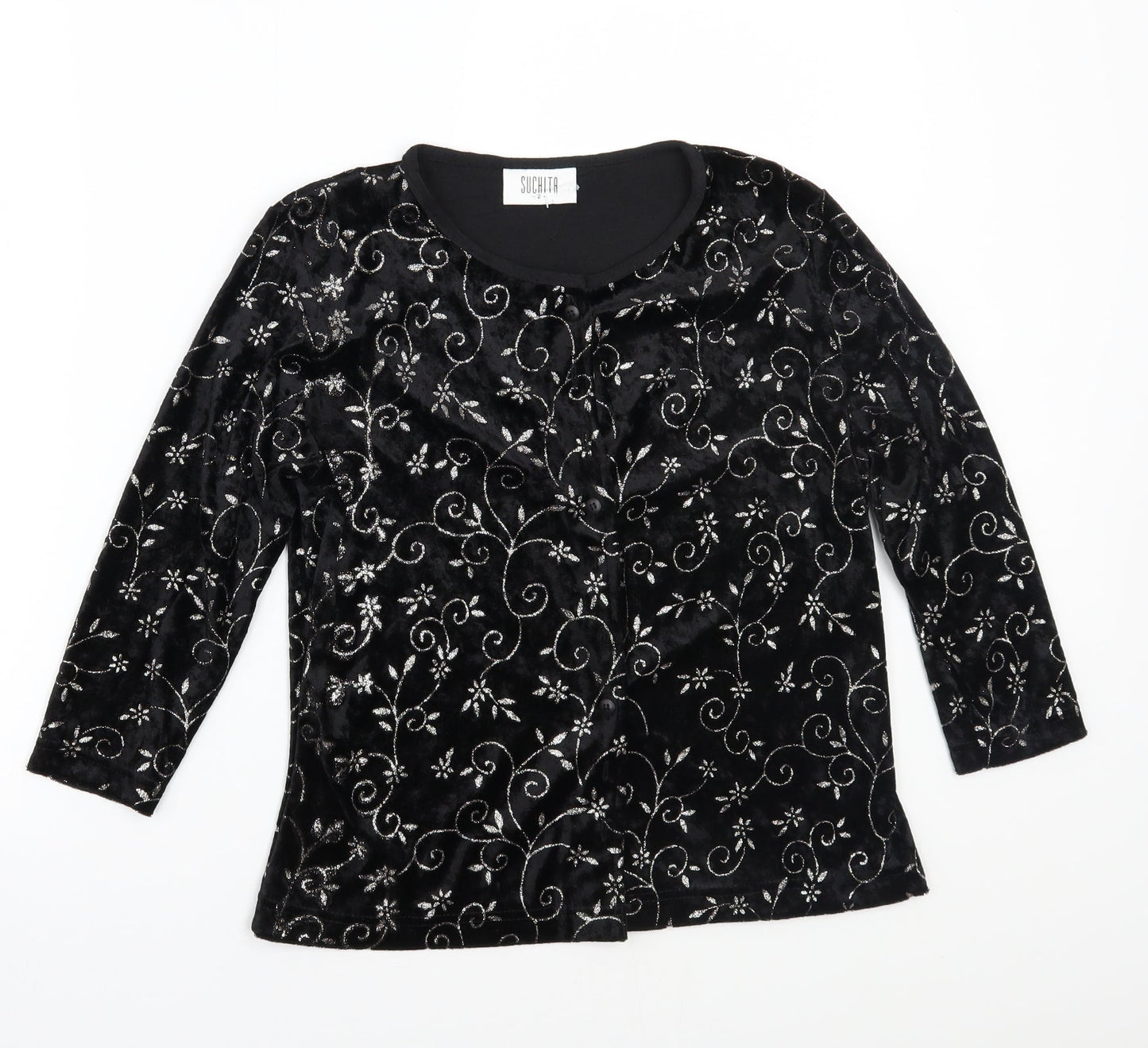 Suchita Womens Black Floral  Basic T-Shirt Size 2