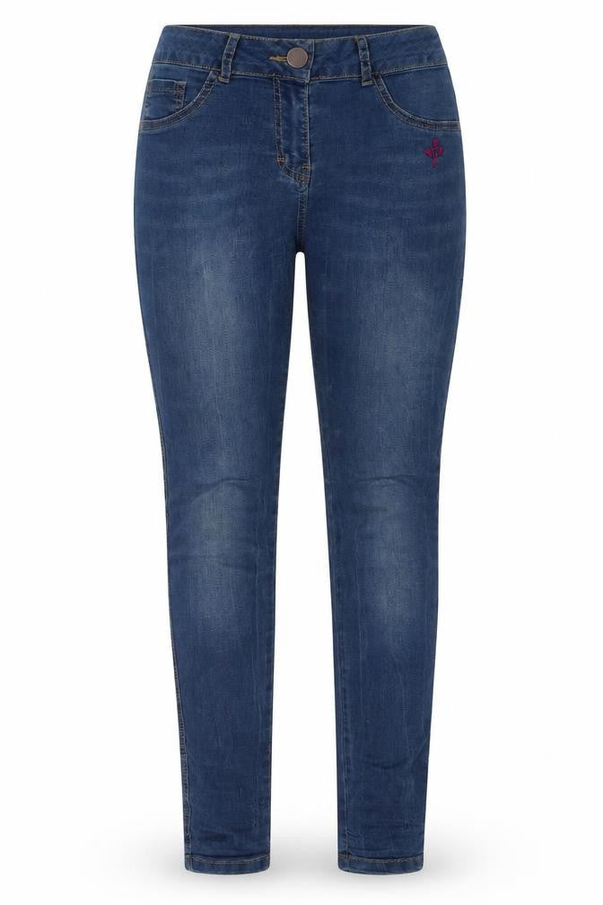 Front view of Internationale women’s blue denim skinny jeans, size UK 10, 29-inch leg