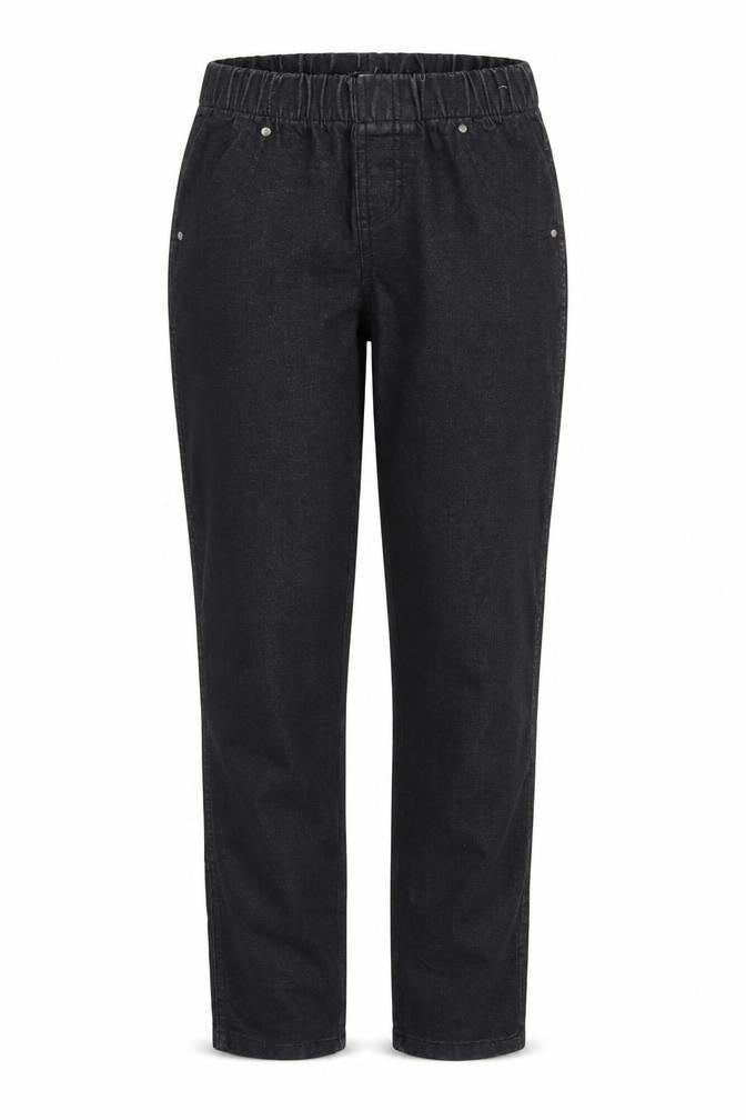 Front view of Denim & Co. women’s black denim straight jeans, size UK 10, 32-inch leg - elastic waist