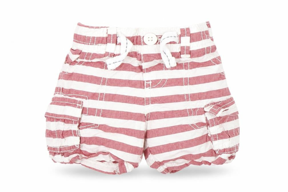 Front view of Nutmeg Baby Red Striped Denim Cropped Jeans, size 3-6, Months - tie up