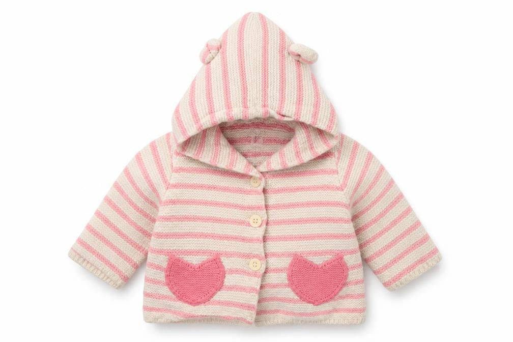 Front view of Gap girls’ ivory striped knit cardigan jumper, size 3-6, months