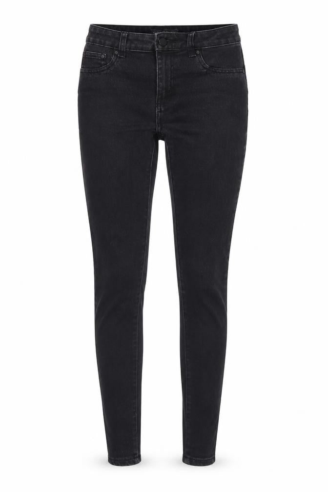 Front view of Denim & Co. women’s black denim skinny jeans, size UK 8, 28-inch leg