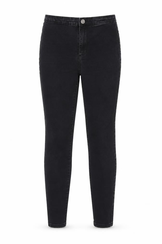 Front view of Denim & Co. women’s black denim skinny jeans, size UK 10, 28-inch leg