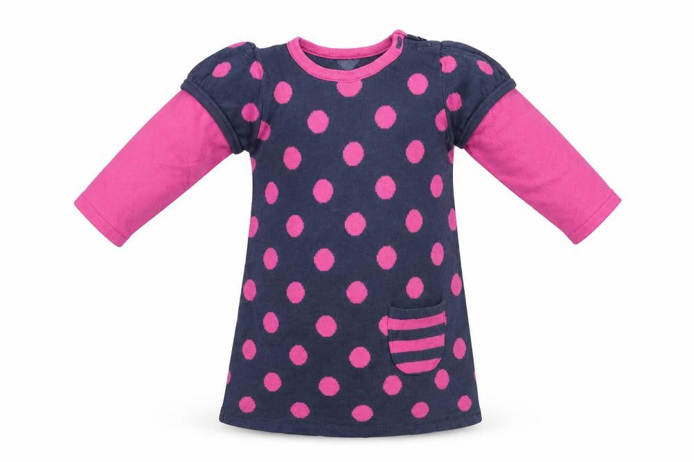 Front view of George girls’ multicoloured polka dot jumper dress, size 6-9, months