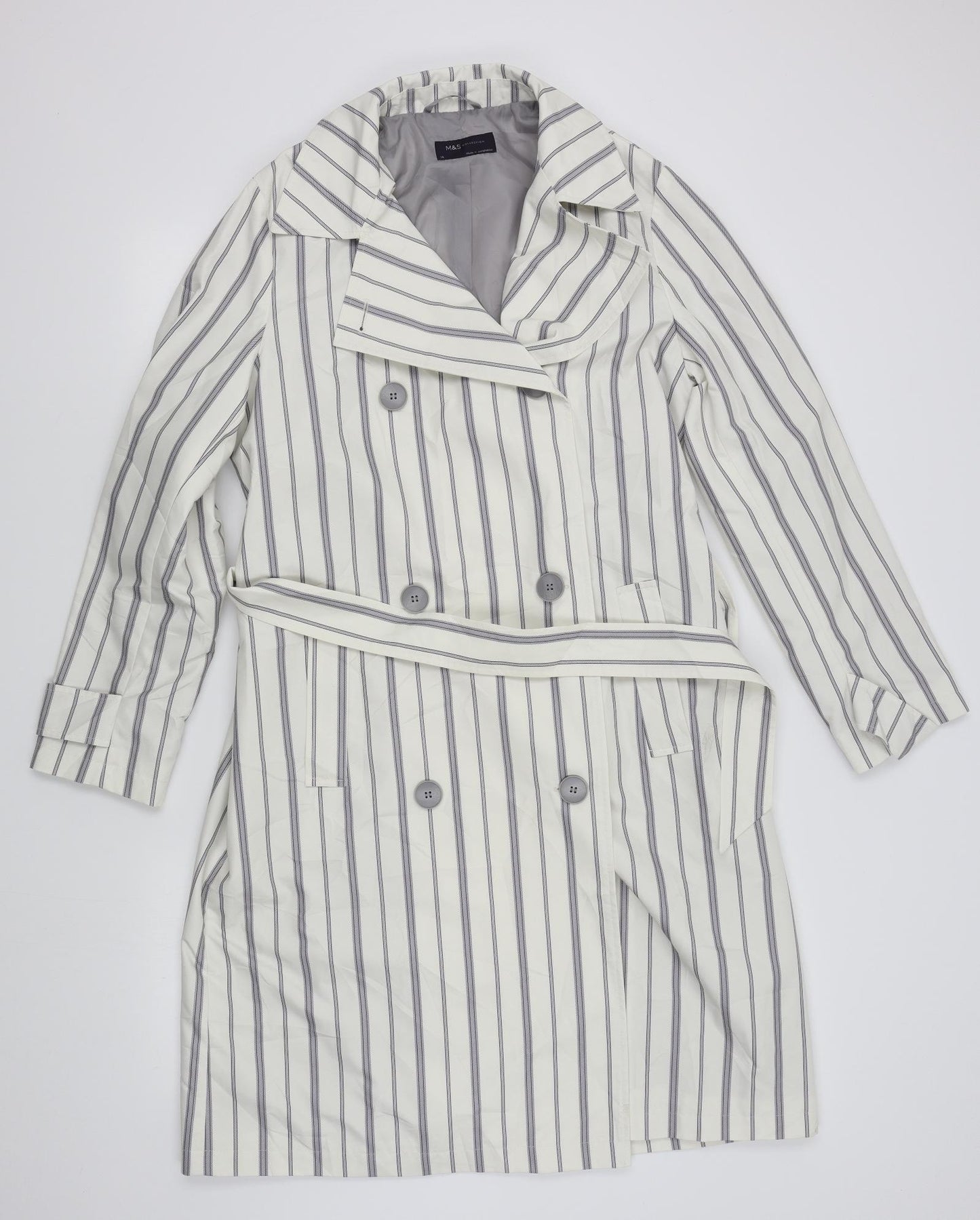 M&S Womens White Striped  Overcoat Coat Size 14