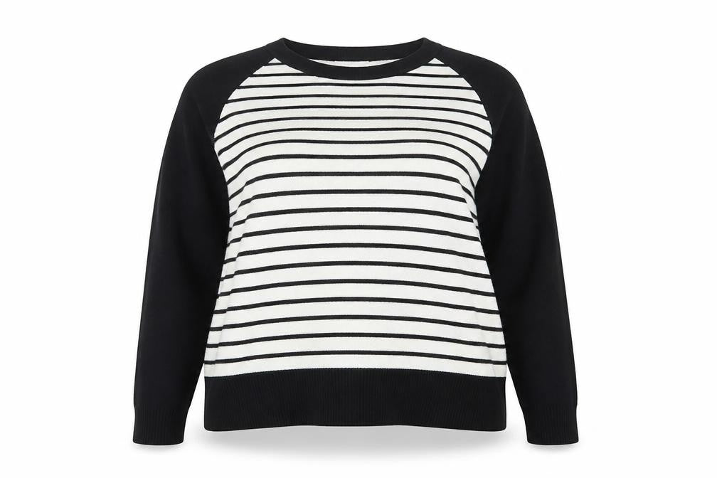 Front view of Miss Selfridge women’s black striped knit jumper, size UK 16