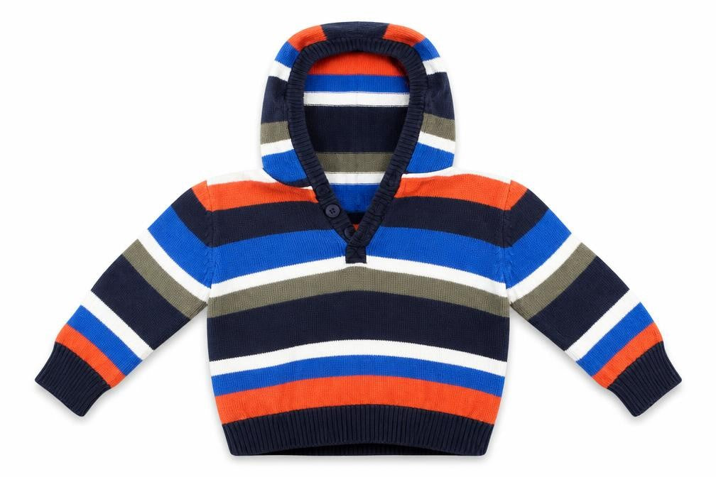 Front view of C&A boys’ blue striped knit jumper, size 3-6, months