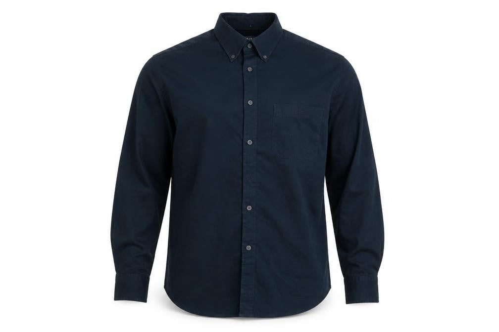 Front view of Maine New England men’s blue button-up, size M