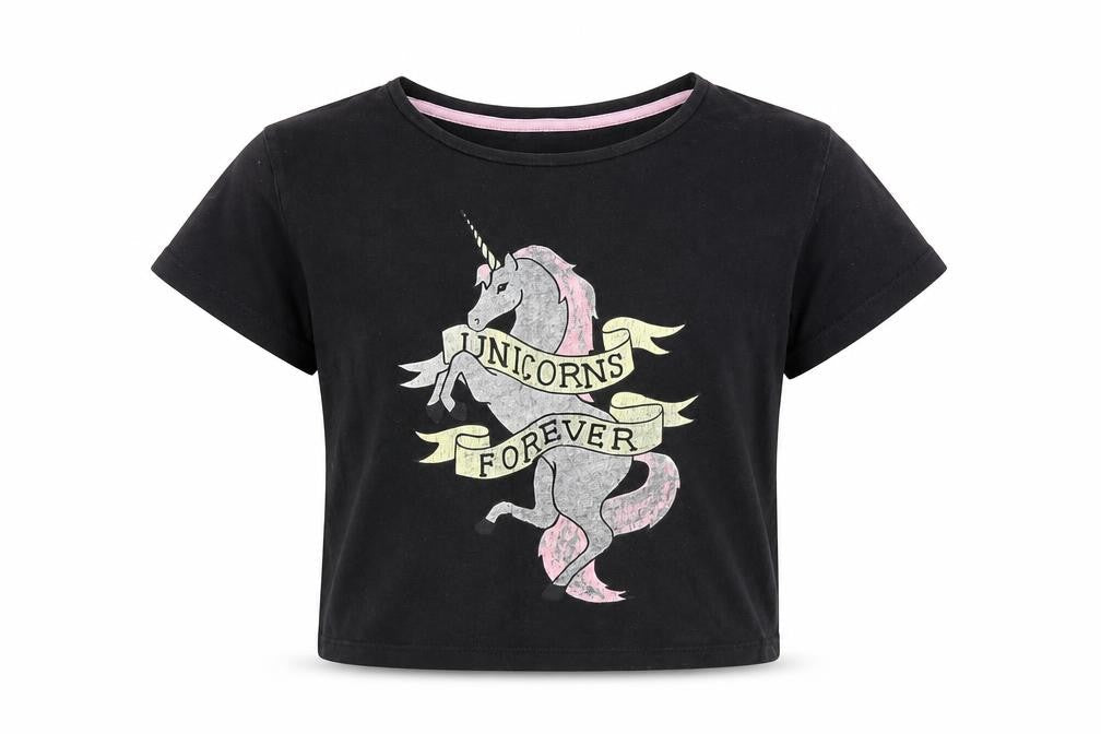 Front view of H&M girls’ black cropped t-shirt, size 13, years - unicorn