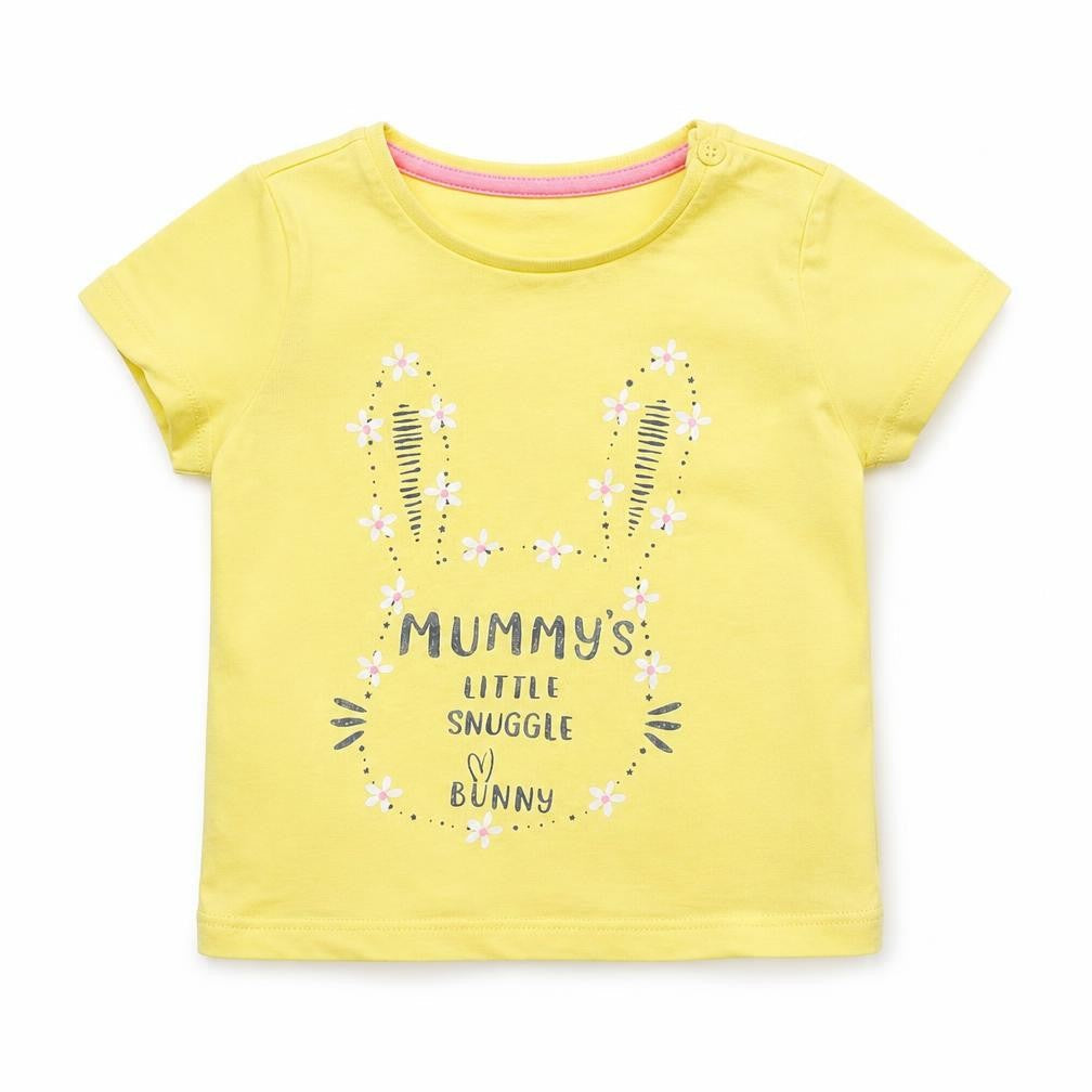 Front view of F&F girls’ yellow basic t-shirt, size 6-9, months