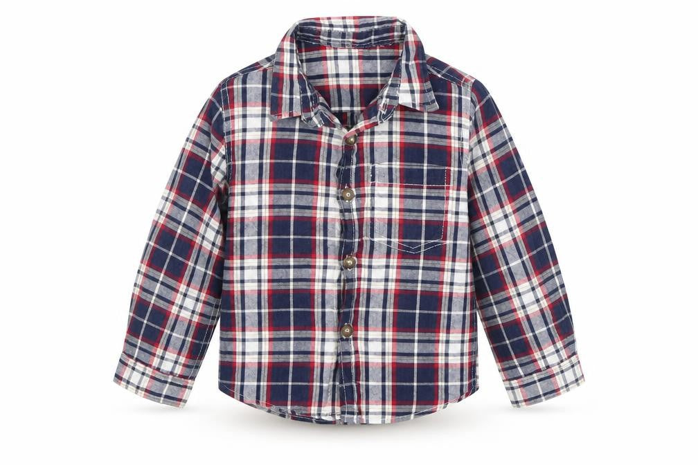 Front view of Preworn Baby Blue Plaid Basic Button-Up, size 18-24, Months